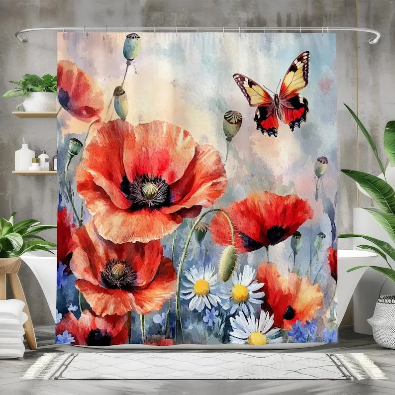 Red Poppy Shower Curtain, Waterproof Fabric Bath Curtain, Floral Bathroom Decor Poppies Design Nature-Inspired Shower Curtain