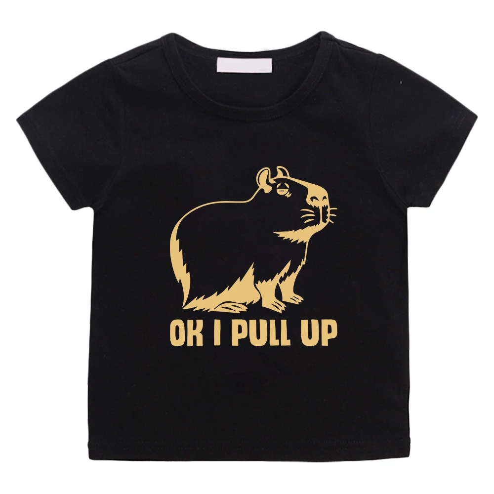 OK I PULL UP Capybara Cute Print Tee-shirt 100% Cotton Short Sleeve Casual T-shirt High Quality Comfortable Soft Tshirt Children