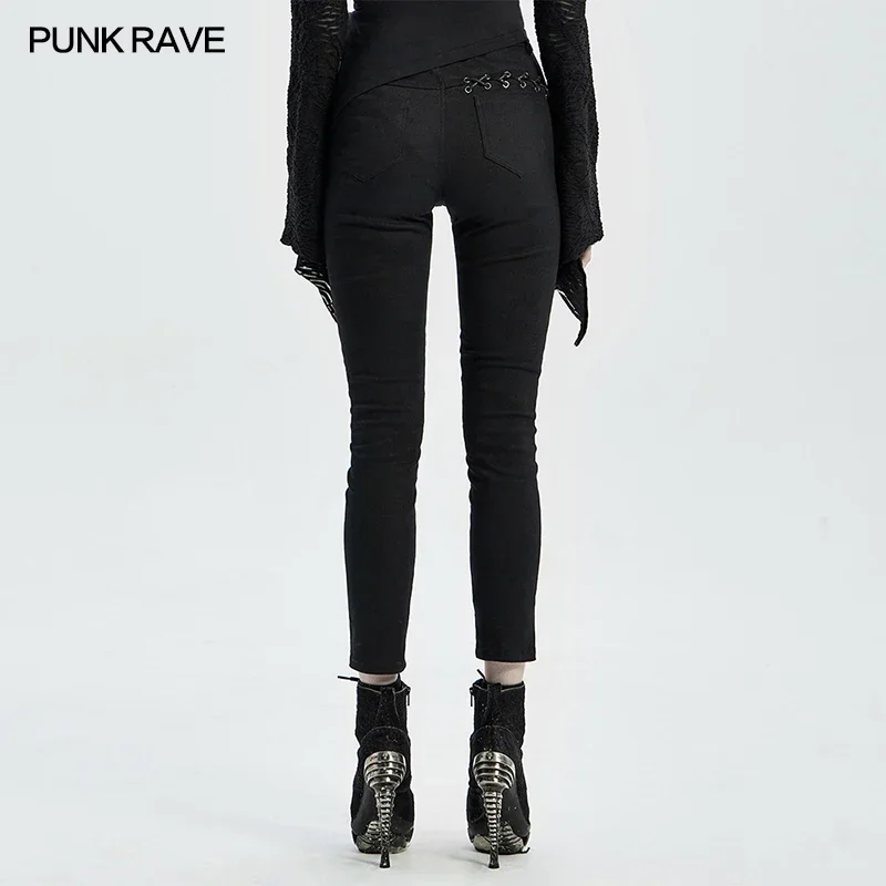 PUNK RAVE Women\'s Punk Daily Dark Denim Trousers Gothic Stitching Printed Skinny Pants Eyelet Through Rope and Zipper Design