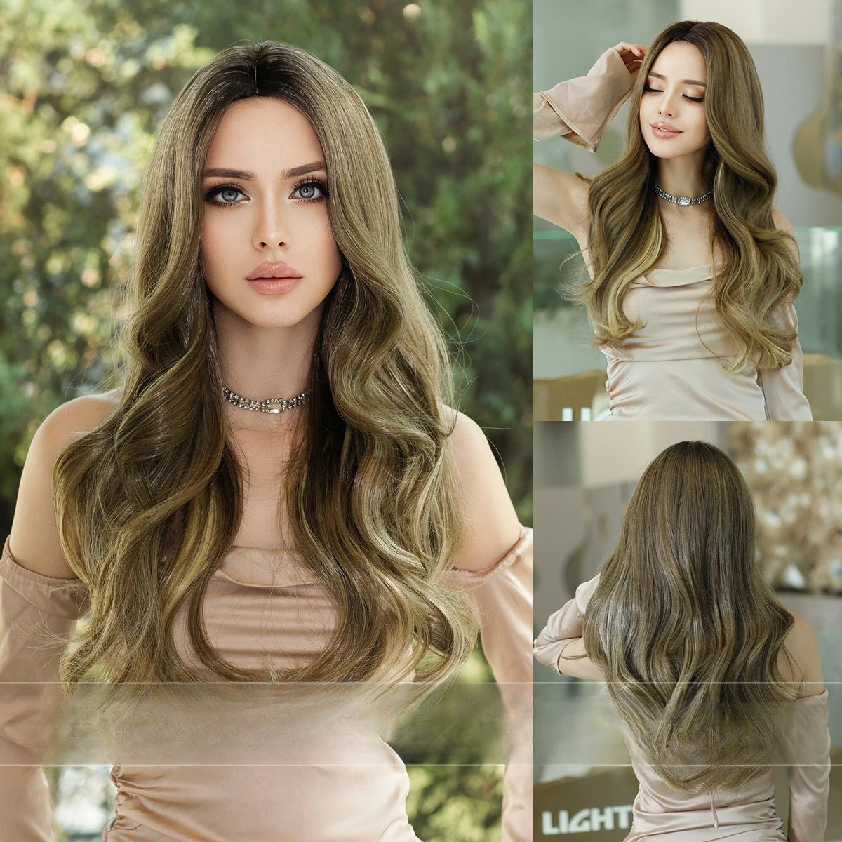 

European and American wigs, women's highlights, gold, medium points, long curly hair, wavy wigs, headgear, fluffy chemical fiber