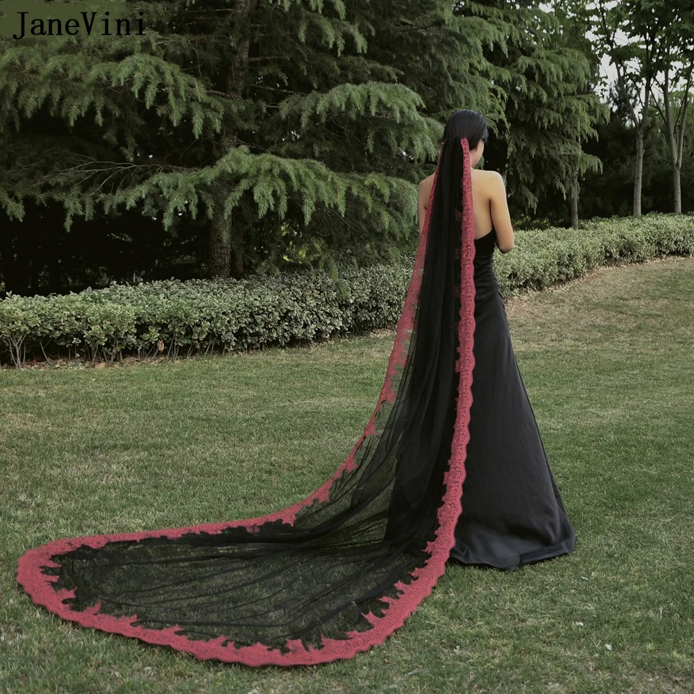 Janevini Vintage schwarze lange Braut schleier mit Kamm eine Schicht Halloween Spitze Rand Schleier Braut Kathedrale Schleier Hochzeit Zubehör