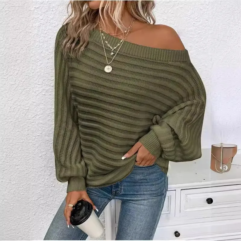 

Autumn And Winter Women's Sweater Elegant And Sexy One Shoulder Pit Strip Long Sleeve Loose Hoodie Bat Sleeve Pullover Knitted
