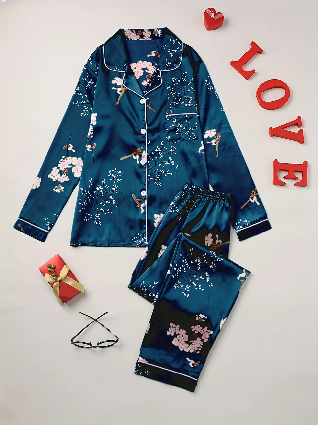 

Floral Random Print Pajamas Set Long Sleeve Blouse Top & Elastic Waistband Pants Women's Loungewear & Sleepwear