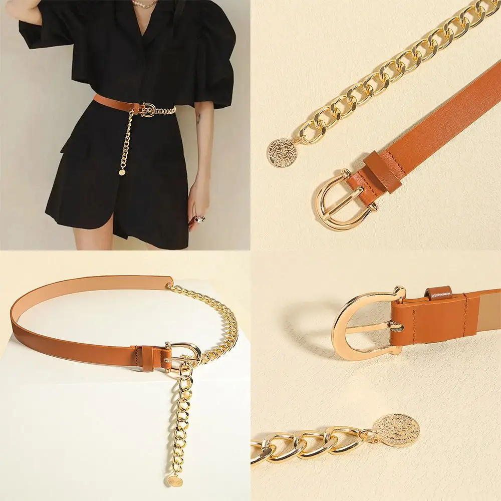 Elegant Metal Buckle PU Leather Belt Chain Adjustable Korean Style Thin Waist Belt Slim Side Suit Matching Dress Chain Shirt