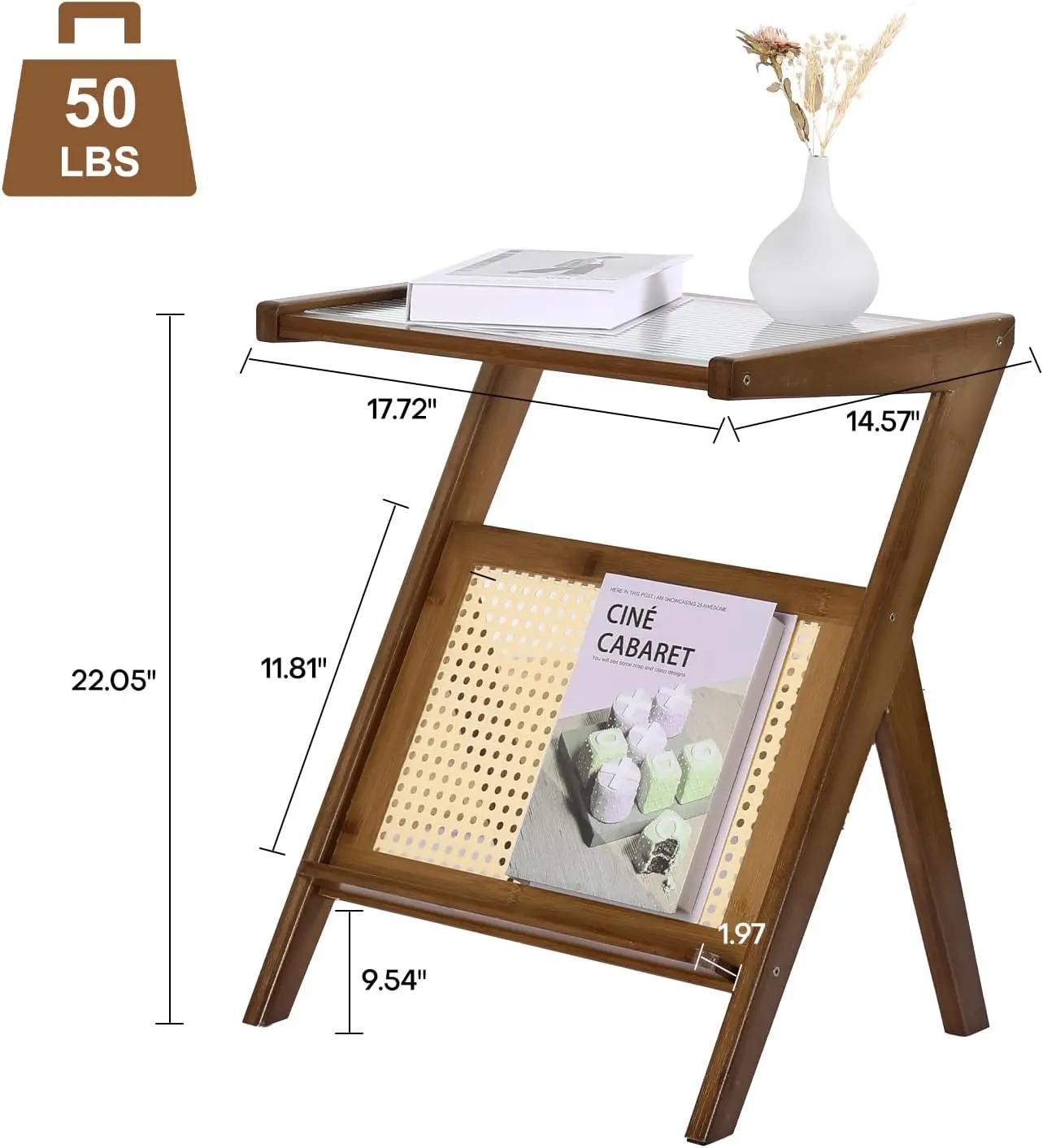 Tavolino unico in Rattan a forma di Z con portariviste