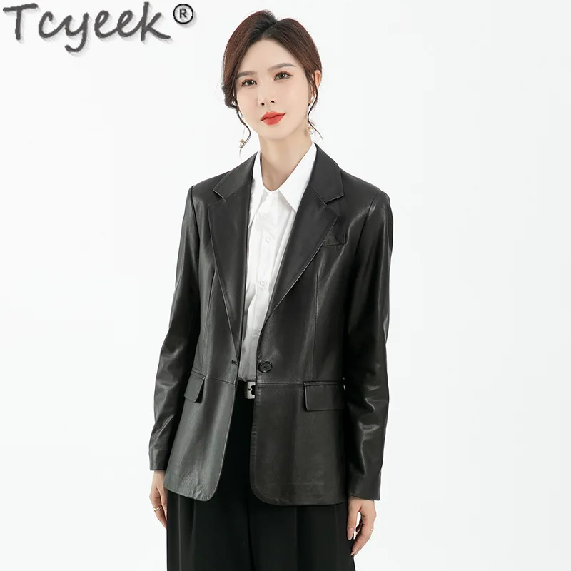 Tcyeek-女性用の本革ジャケット,本革のシープスキンコート,黒のジャケット,春と秋の服,2024