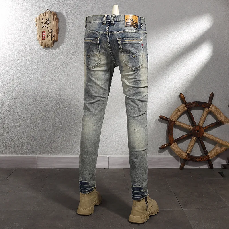 Retro Make Old Ripped Patch Stretch Slim Jeans Men's Trendy High Street Pencil Pants Trousers Nostalgic Men's Clothing