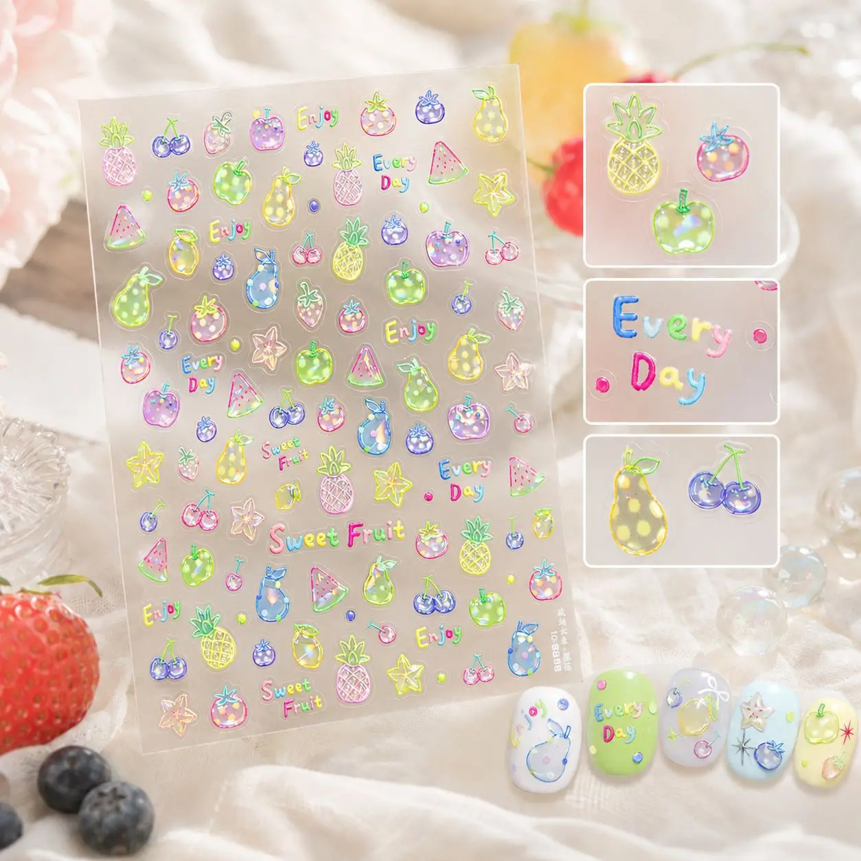 Lovely Berry Jelly Holographic Shiny Summer Fruit Nail Decal 5D Pineapple Pear Strawberry Cherry Blueberry Tropical Nail Sticker