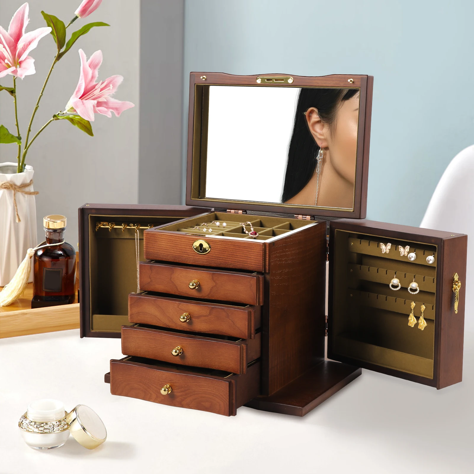 

5 Layers Wooden Jewelry Box Christmas Gifts Birthday Presents Large Capacity With Lock Chinese Style Organizer Storage