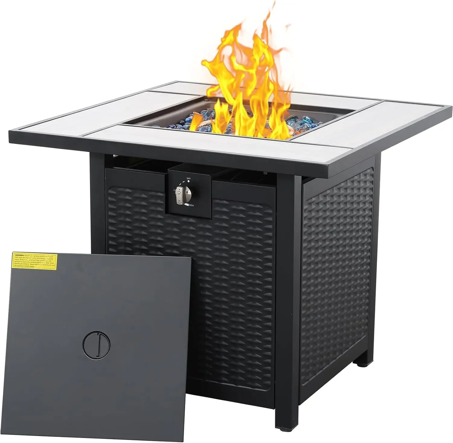 Mesas de fuego de 30 pulgadas, sartenes al aire libre de 50000 BTU para mesa de gas de acero exterior con tapa de pozo, mesa de mármol de madera