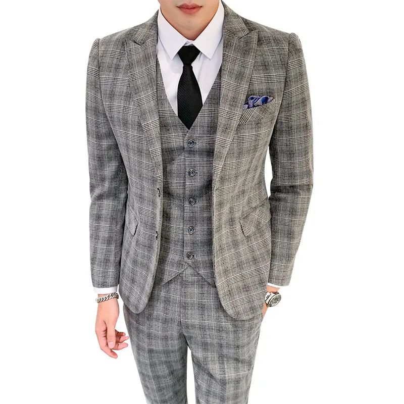 2024 Men's Business Plaid Official Suit Coat Pants Vest 3 PCS Set / Gentleman Groomsman Blazer Jackt Trousers Waistcoat S-5XL