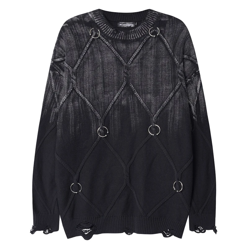 

Men's Gothic Grunge Sweater with Metal Rings Distressed Hem Gradient Knitted Pullover Harajuku Punk Streetwear Jumper Clothing