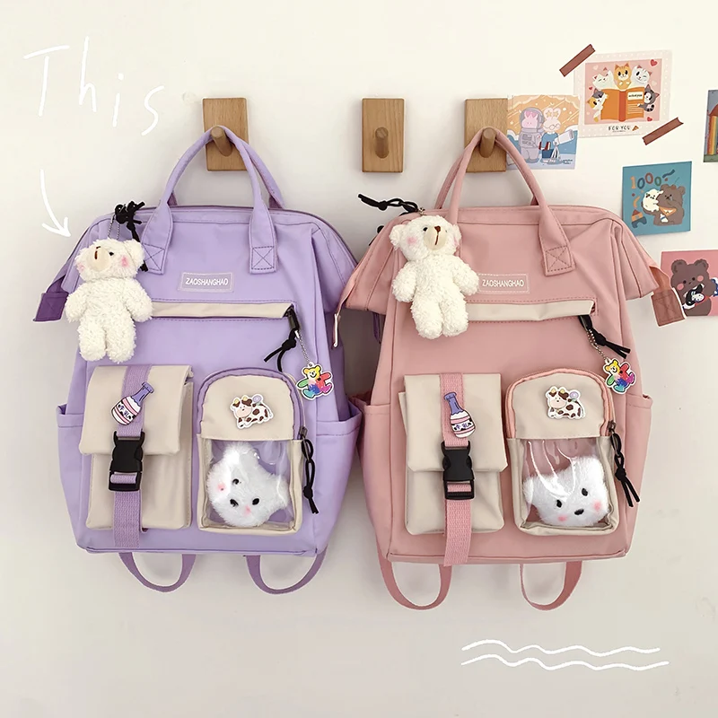 Nylon School Bag for Teenage Girl Travel Backpack Laptop With Kawaii Bear Pendant Waterproof Camping Rucksack