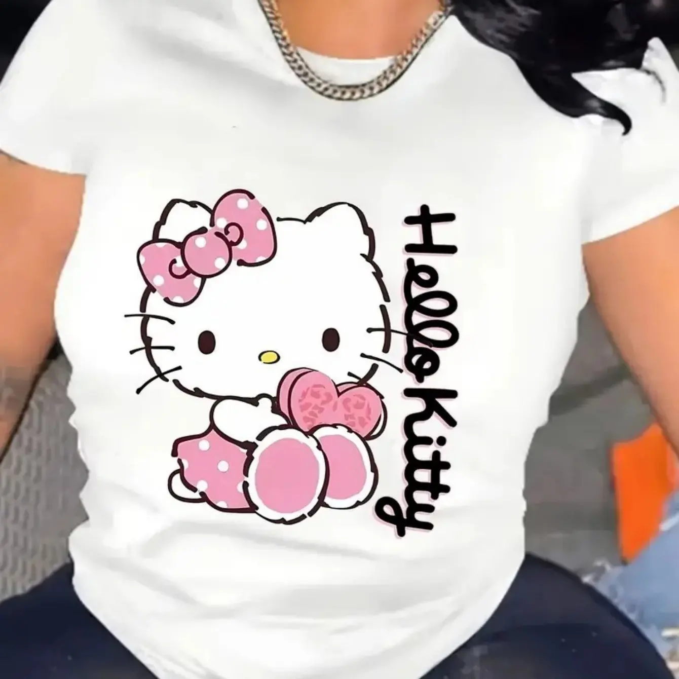 

Hello Kitty Graphic Printing Summer Autumn Winter Cotton Men's and Women's T-Shirts Short Sleeves Luxury Outdoor Sports Brand