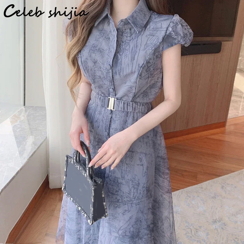 Printed Dress for Women with Belt  Summer Short Sleeve Bodycon Dress Women Korean Fashion Vintage Runway Clothing