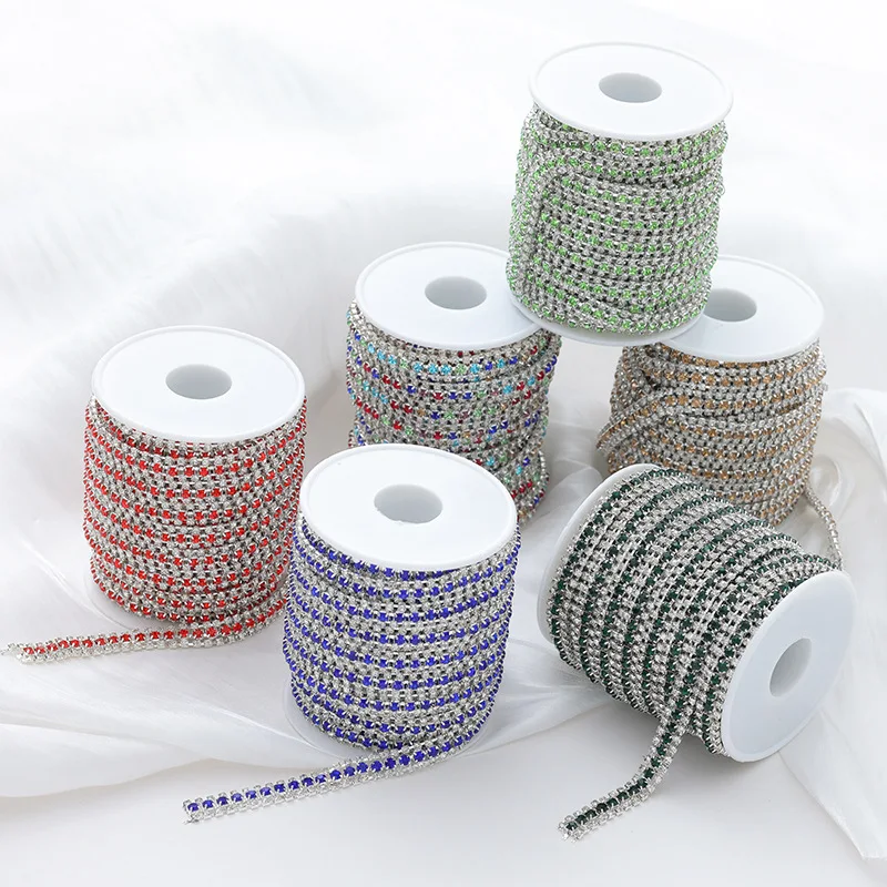 

Cross-border multi-color three-row glass rhinestone chain DIY jewelry accessories metal claw chain silver base accessories