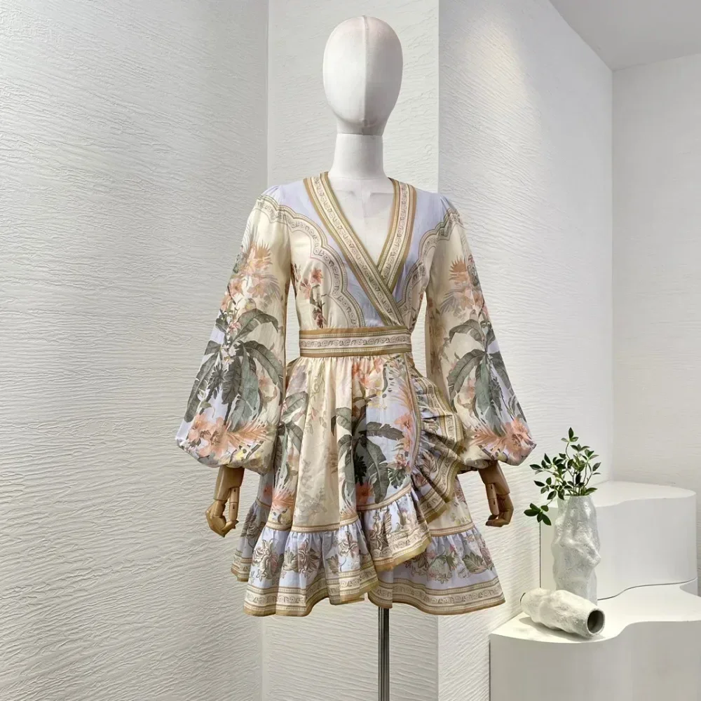 Elegant Pure Cotton 2024 New High Quality Long Sleeve Floral Print Ruffles Hem Women Wrap Mini Dress for Holiday