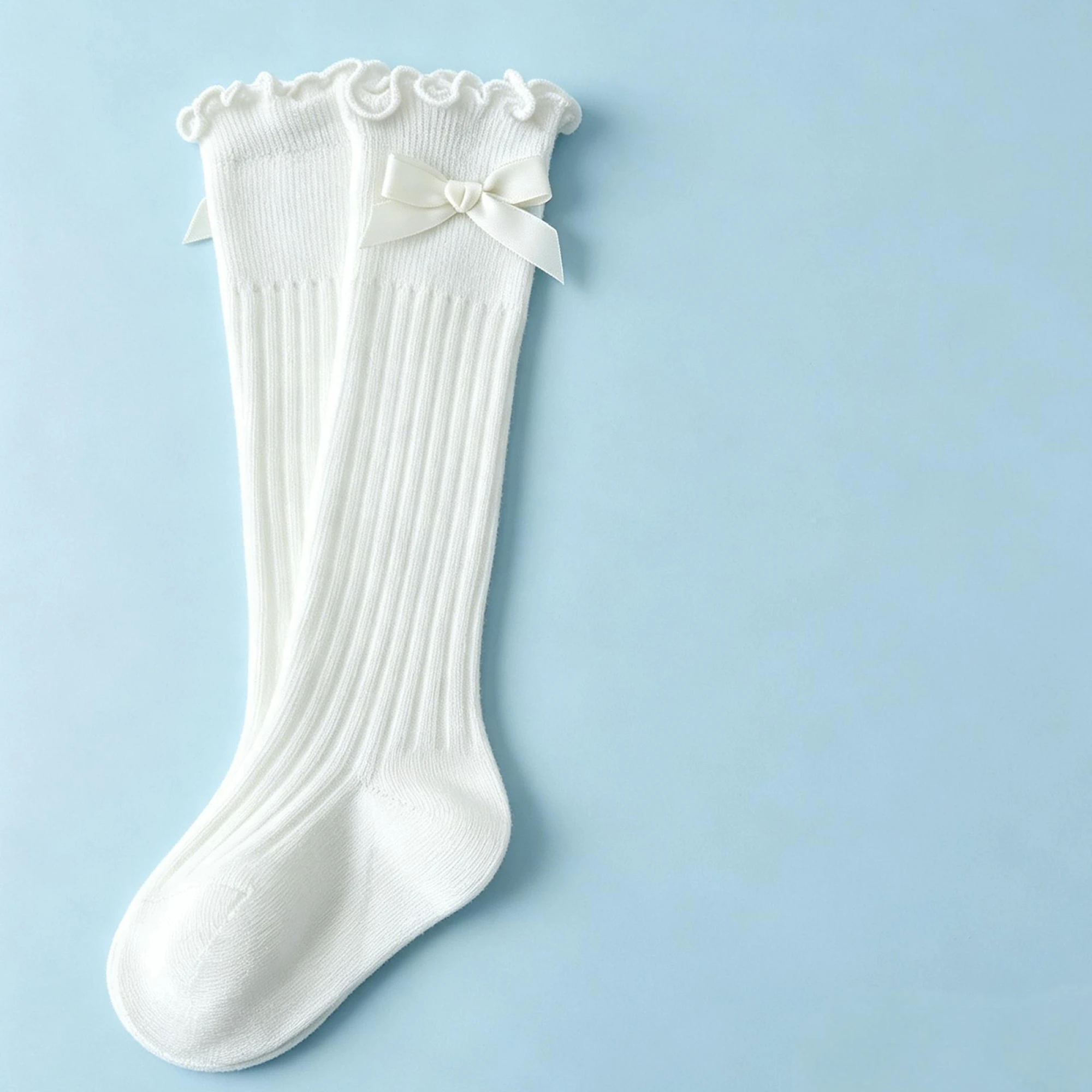 

Infant Baby Girl Knee High Socks Ribbon Bow Decor Lettuce Edge Cute Breathable Stockings