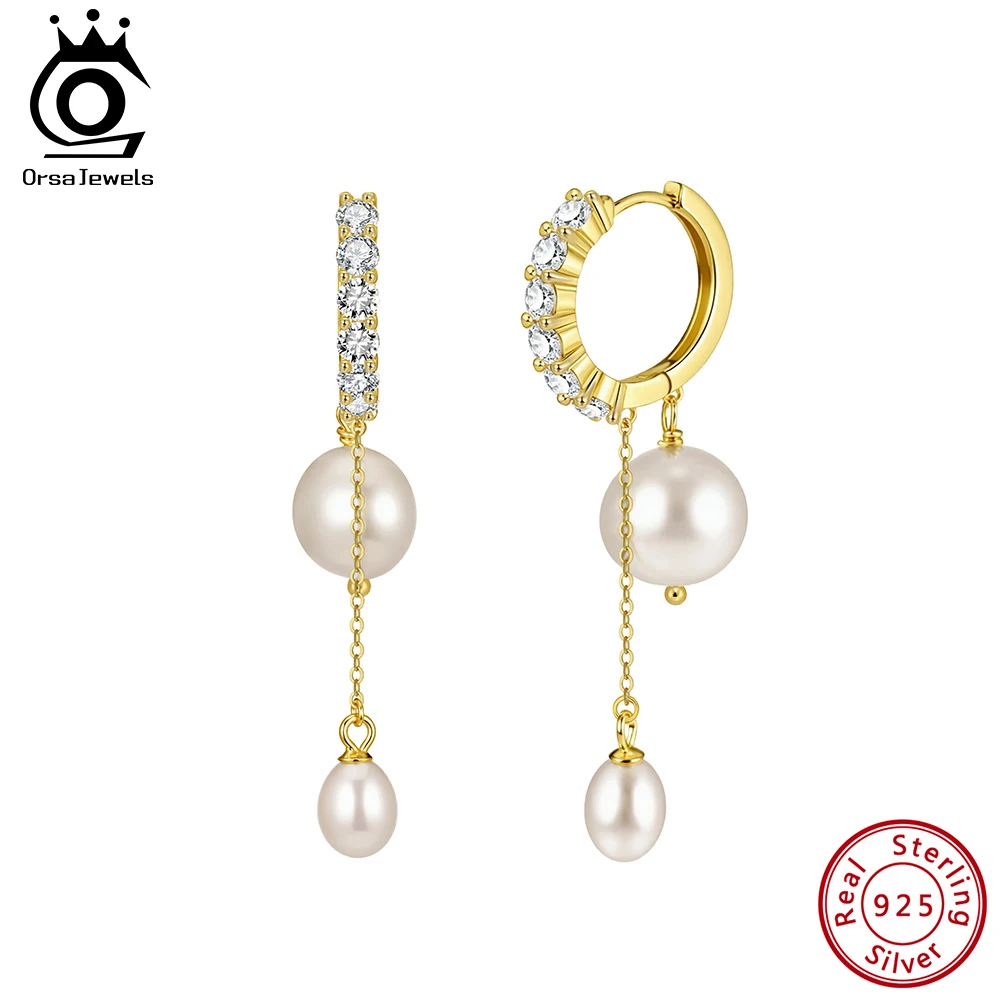 

ORSA JEWELS S925 Sterling Silver Real Pearl Dangle Earrings Elegant Zircon Bridal Wedding Drop Earrings Fashion Jewelry GPE126