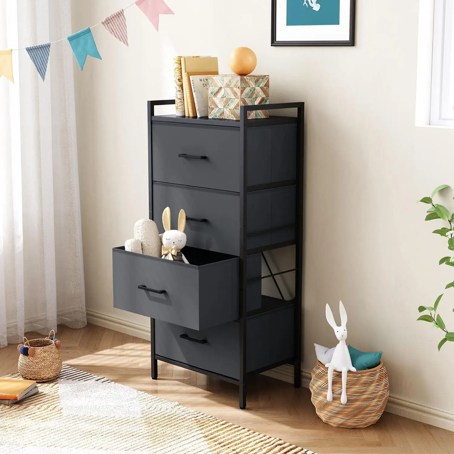 4 Drawer Dresser for Bedroom, Tall Dressers Storage Drawers, Tower Organizer Unit,Sturdy Steel Frame, Wood Top