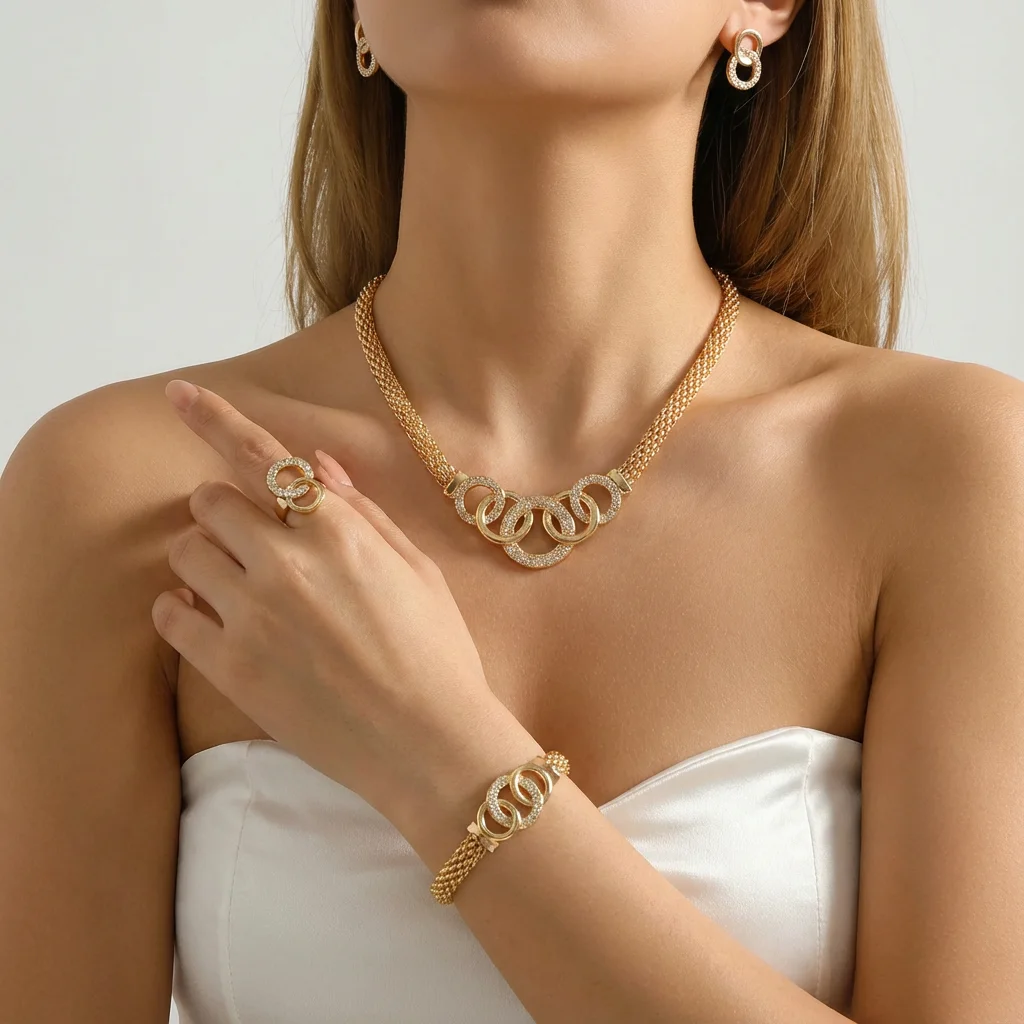 

Luxury Rhinestone Interlocking Circle Jewelry Set for Women Trendy Gold Color Crystal Necklace Earrings Bracelet Ring Set Gifts