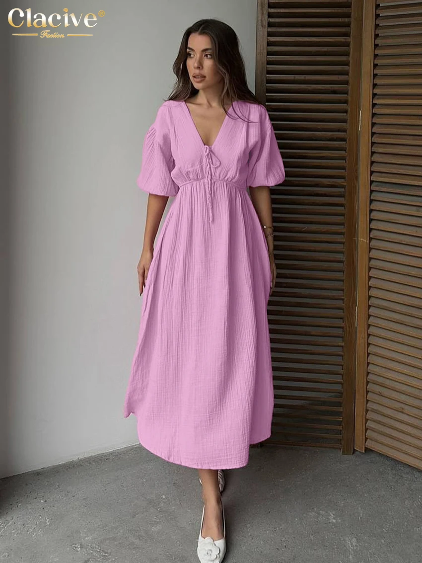 Clacive Sommer Lose Aprikose Baumwolle Frauen Kleid 2025, Sexy V-ausschnitt Kurzarm Knöchel Länge Kleider Elegante Spitze-Up weibliche Kleid