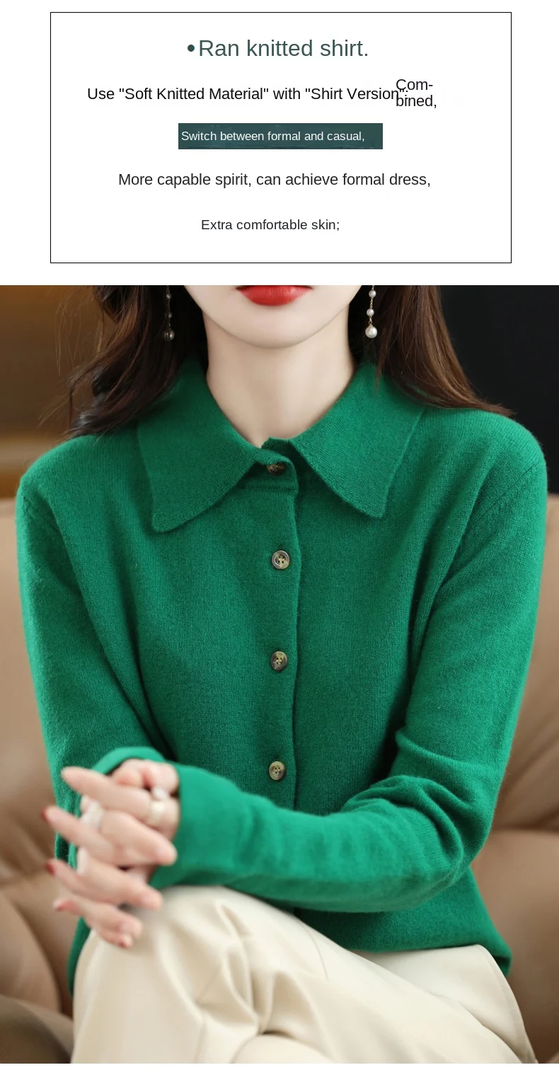 2024 Damen-Strickjacke mit POLO-Kragen, Basic, vielseitig, oben aus gesponnener Wolle, eleganter einreihiger Pullover DMR 430 – Detail 2