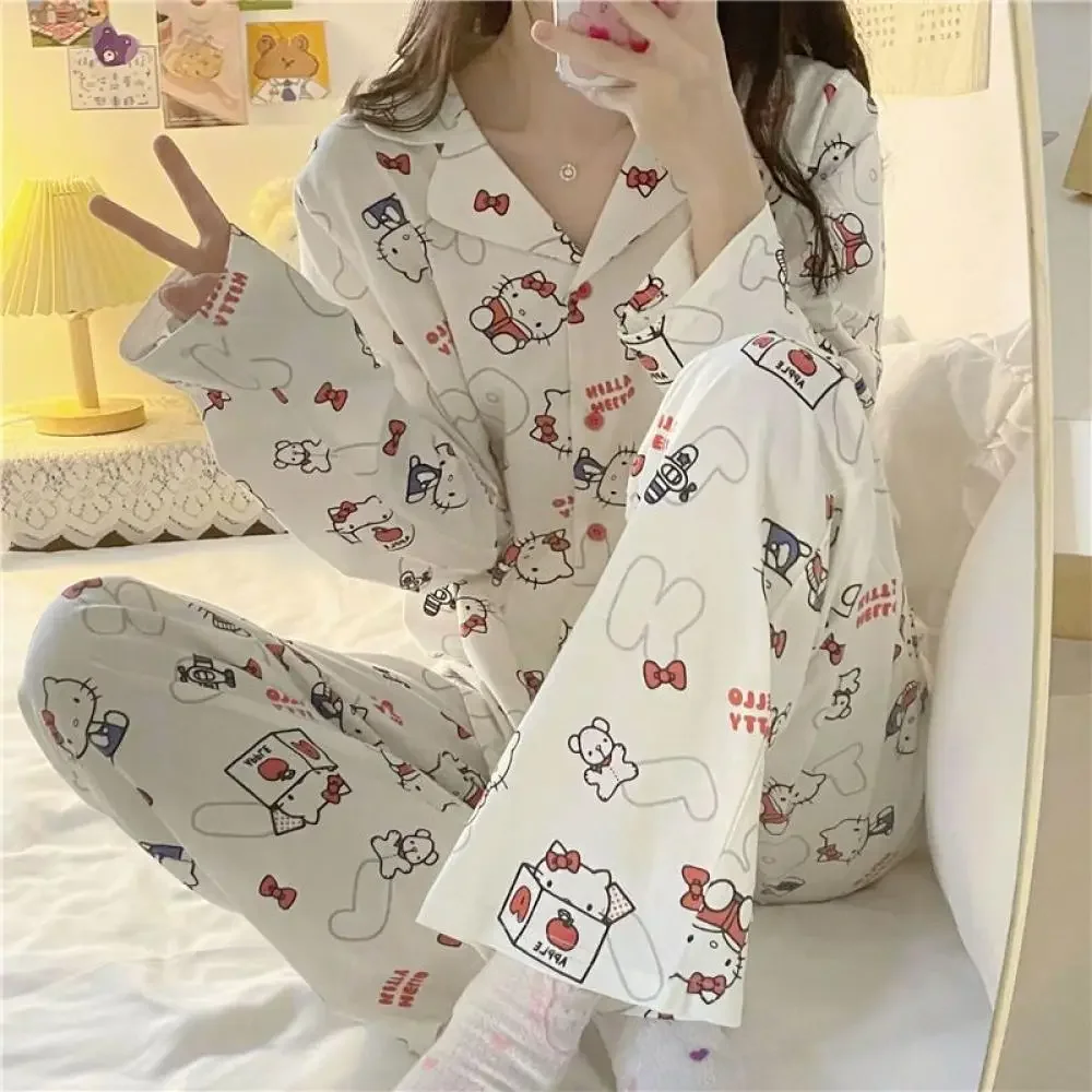 Ensemble de pyjamas Anime Hello Kitty pour femme, Sanrioed, Cinnamoroll, Kawaii, Kt Cat, manches longues, pantalons en Y, vêtements de détente,