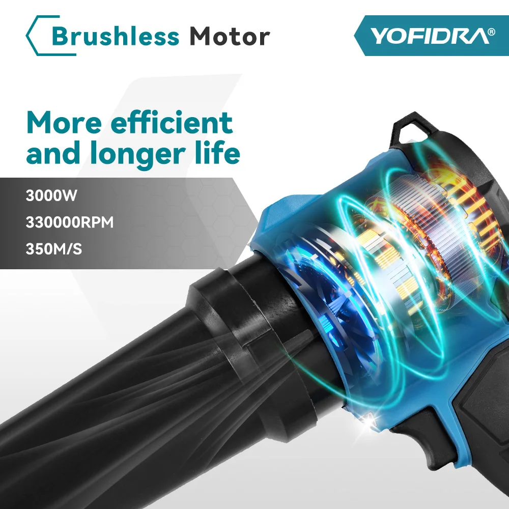 YOFIDRA 350 متر/الثانية 3000 واط فرش مروحة تربو كهربائية منفاخ اللاسلكي مروحة نفاثة ورقة أدوات نفخ الثلوج ل ماكيتا 18 فولت بطارية دبوس