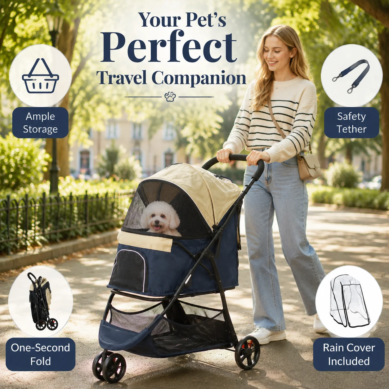 Poussette pour animaux de compagnie pour chiens et chats, poussette pliable avec housse de pluie, 2 porte-gobelets, bleu et kaki, jusqu'à 10 kg, fenêtre en maille, capote réglable, panier de rangement