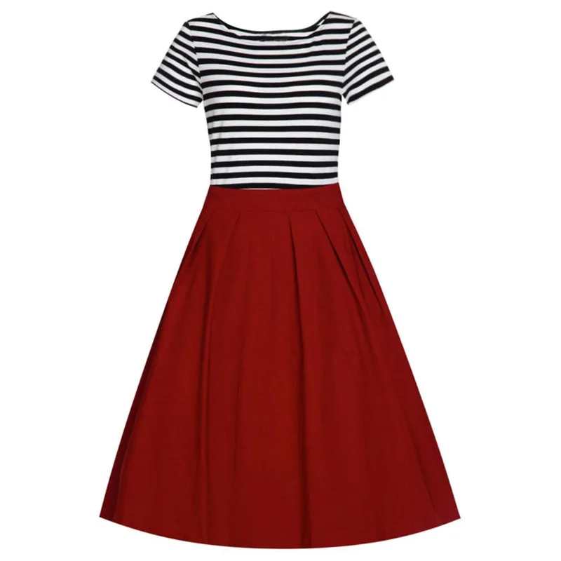 

Women Summer Sweet A Line Cocktail Dress Ladies Short Sleeve Striped Midi Elegant Fashion Casual Office Party Sundress Robe