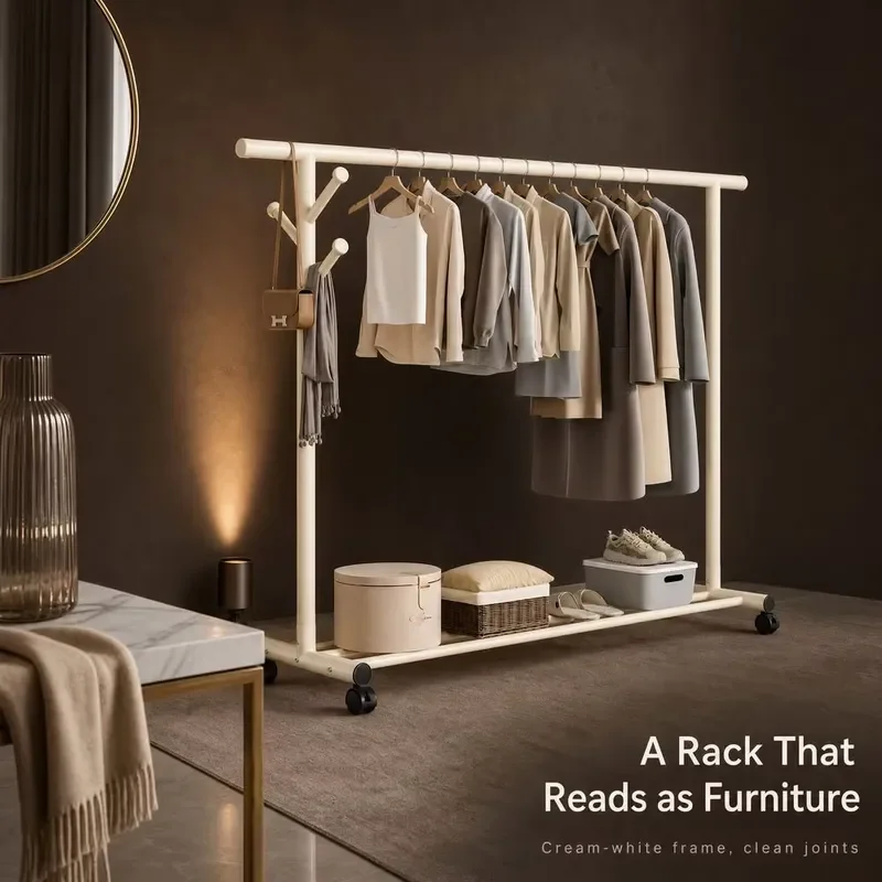 Small bedroom corner freestanding four-side hook four-wheel caster metal coat rack for storing coats, bags, scarves and