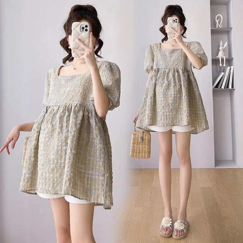 

2025 Pregnant Women's Loose Square Collar Checkered Doll Shirt Top Pregnant Women's Trendy Top Maternity Breathable Top LF897