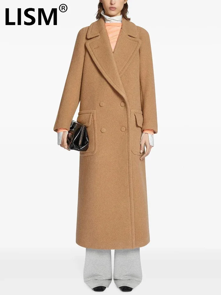 

LISM Fashion Camel Woolen Coat Women's Lapel Loose Double Breasted Long Sleeve Back Waist Loop Overcoat Winter 2024 New