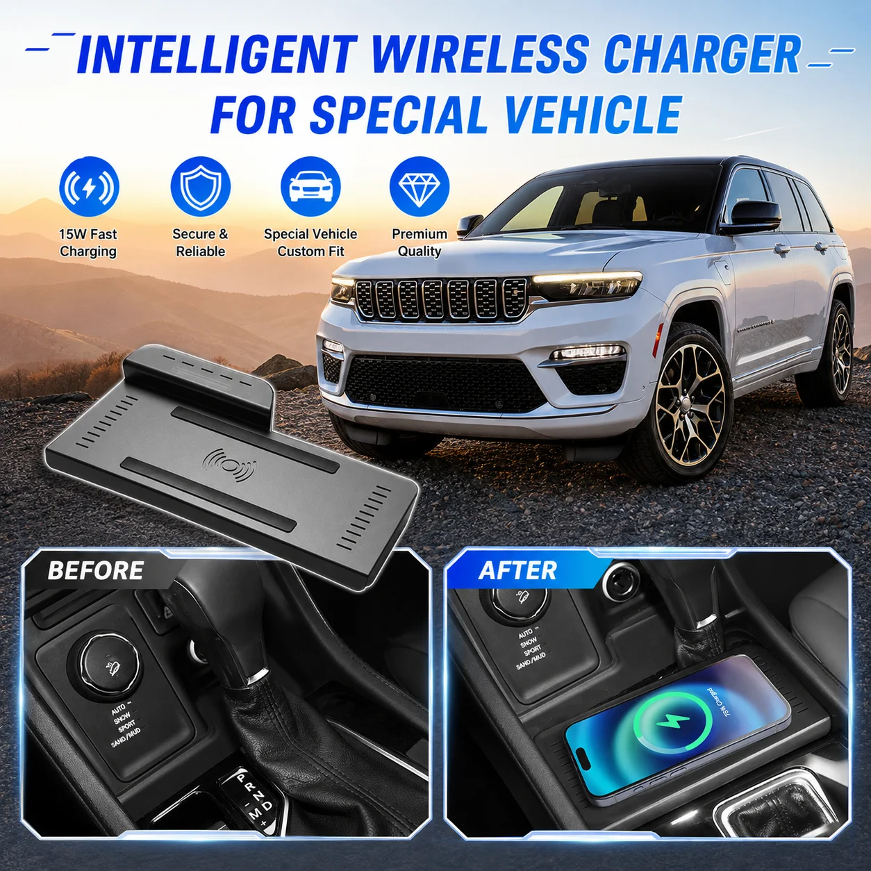 For Jeep Grand Commander 2018-2022 15W Fast Wireless Car Charger Mobile Phone Charging Plate Adapter Interior Accessory