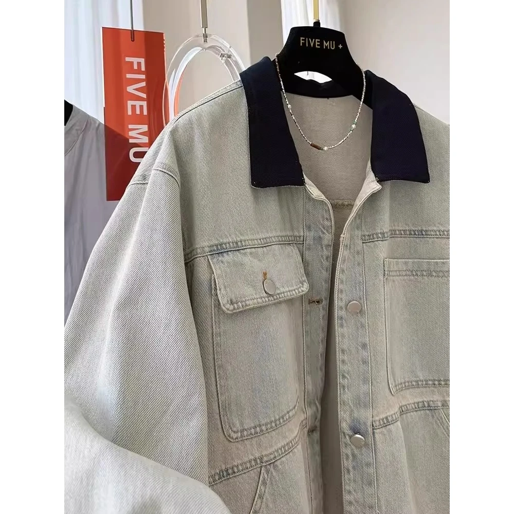 

Свободный крой, повседневная джинсовая куртка для мужчин, негабаритная непринужденная дизайнерская осенняя рабочая одежда с воротником-стойкой, модная верхняя одежда