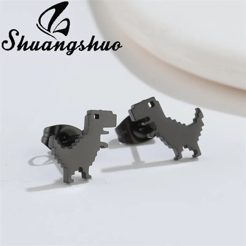 Shuangshuo Minimalist Stainless Steel Dinosaur Earrings for Women Small Stud Earrings Black Color Fashion Accessories Gift