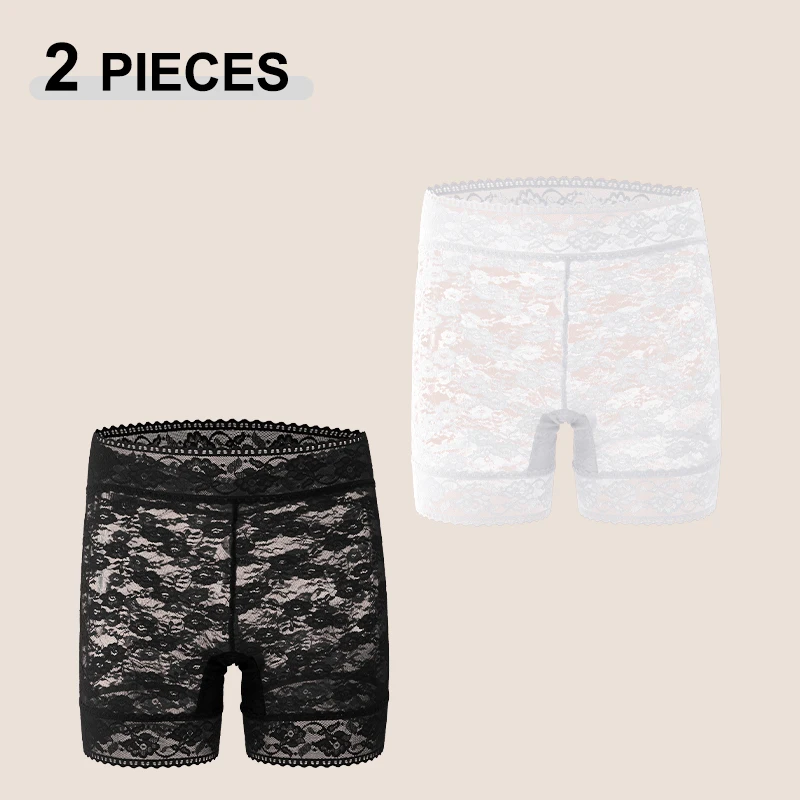 2 Stück/Set einfarbige Spitzen-Boyshorts für Frauen, sexy, floral, hohe Taille, transparente Unterhose, weiche, atmungsaktive Boxershorts für Damen.
