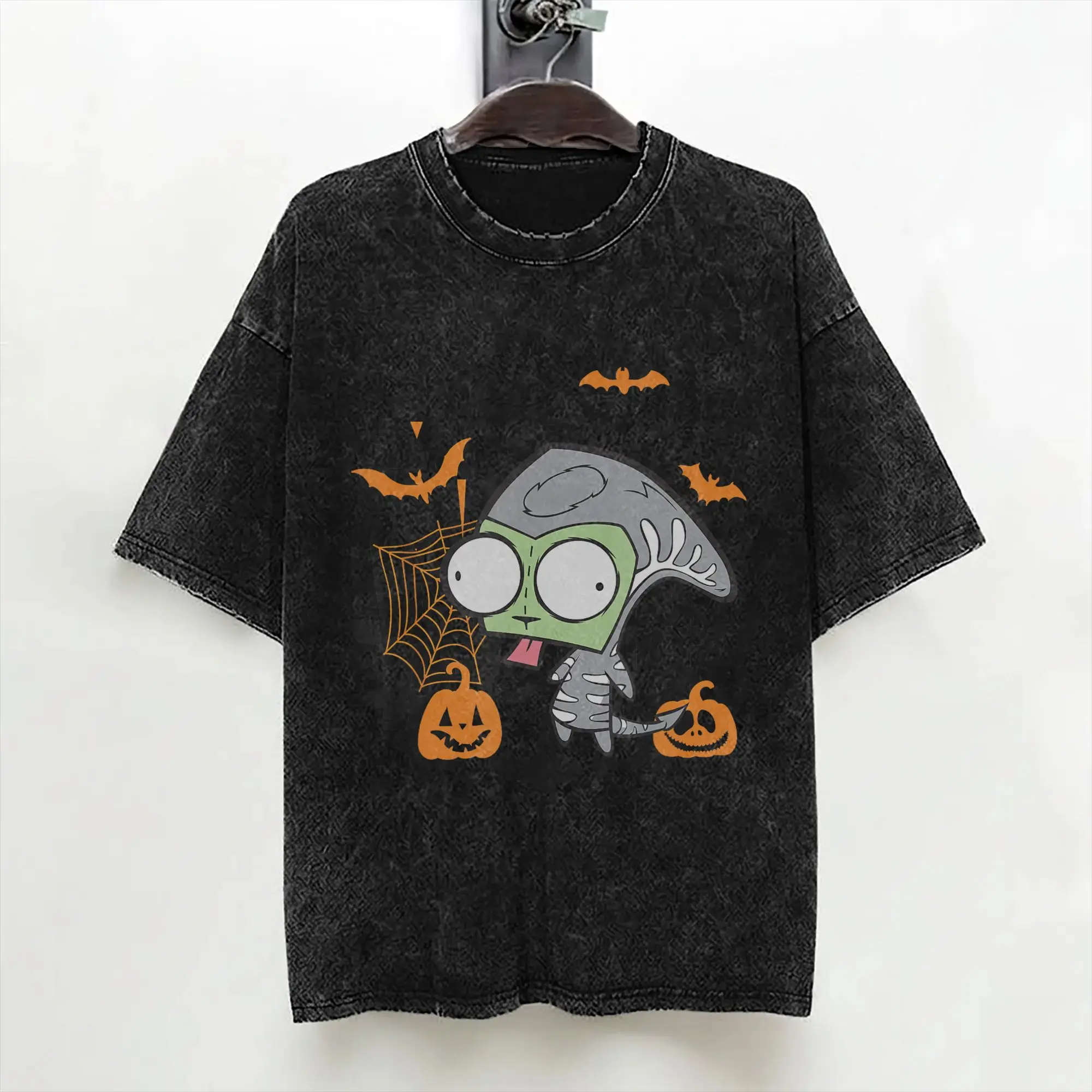 Invaders Zim Gir Skeleton Halloween Pumpkin Washed T Shirts Streetwear T-Shirt  Tee Shirt for Men Women 100% Cotton Printed