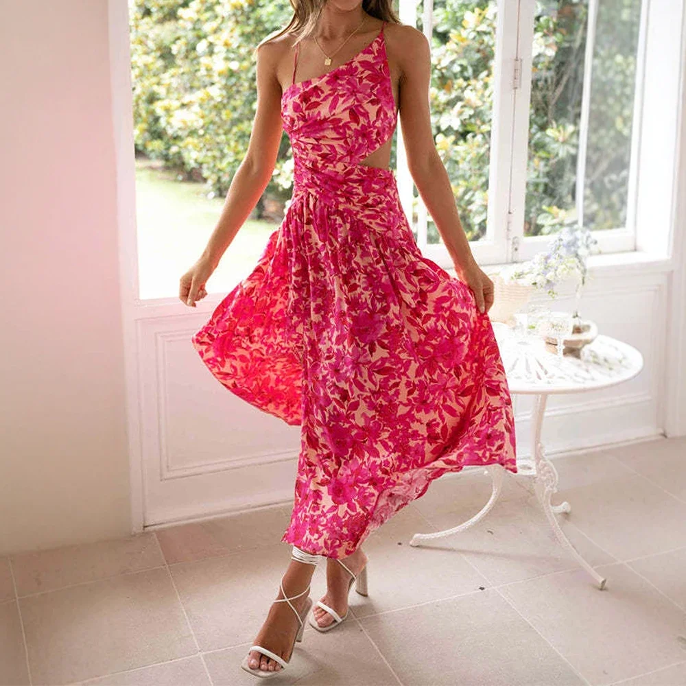 Kleider Sommermode Elegante Blumen ärmellose One-Shoulder Midi Urlaub Etuikleider für Frauen