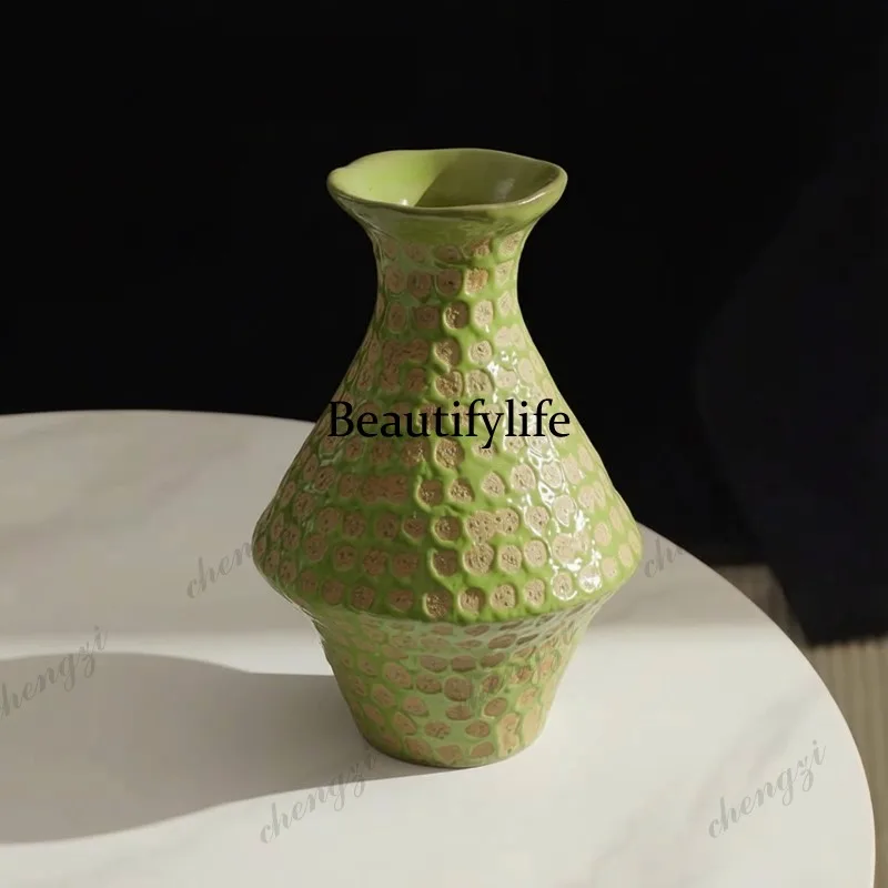 Lime green polka dot ceramic vase retro modern flower ware living room flower arrangement hydroponic ornament