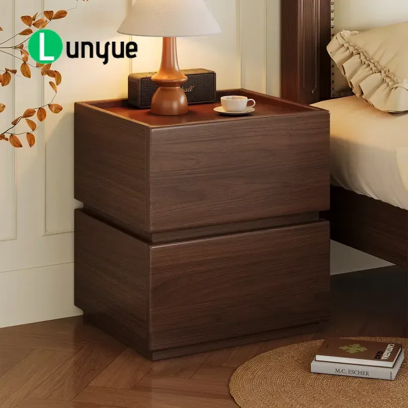 Modern Walnut Wood Bedside Table with 2 Drawers Water Based Paint Storage Nightstand for Bedroom Home Furniture