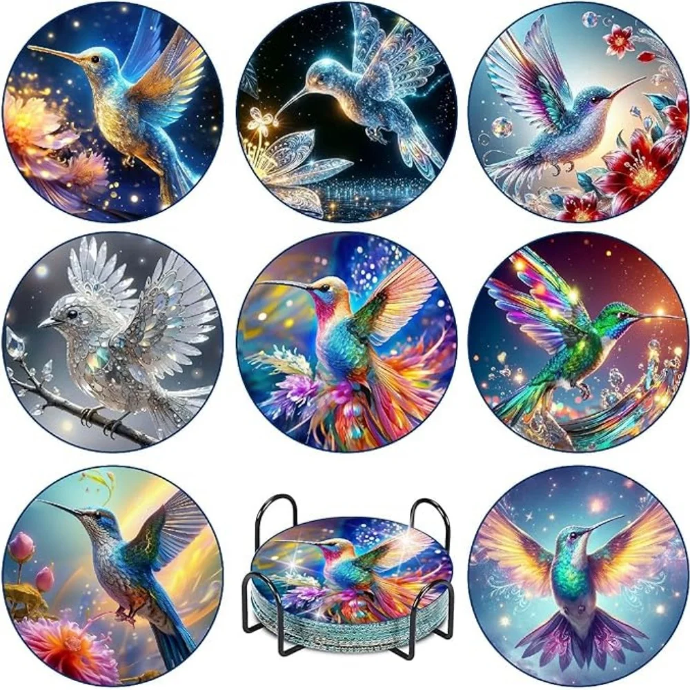 8 Pieces of Diamond Art Painting Coasters with Brackets, DIY Bird Patterned Diamond Art Coasters, Suitable for Both Adults and B