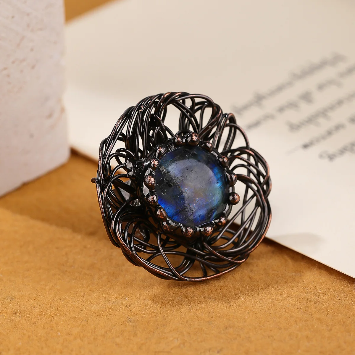 YEEVAA Vintage Bird Nest Design Natural Labradorite Stone Ring, Handcrafted Adjustable Wide Band Ring with Bronze Finish