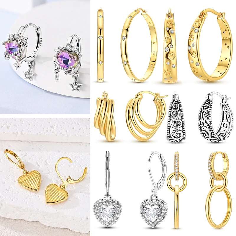 

New 925 Sterling Silver Round Earrings for Women Simple Gold Star Braided Hoops Earrings Wedding Party Jewelry Accessories Gifts