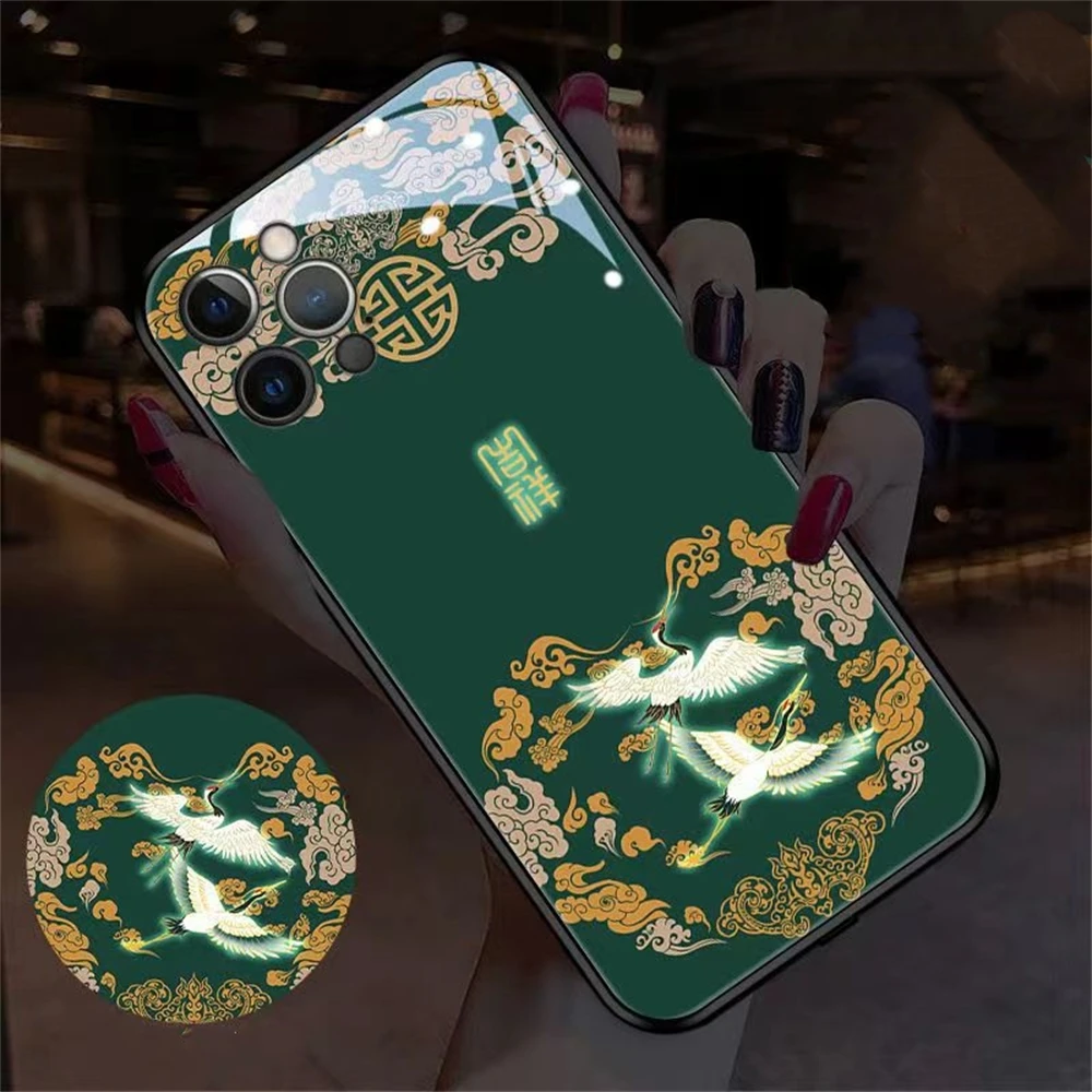 

Auspicious Crane Design LED Light Up Phone Case Glowing Back Cover For iPhone 16 15 14 13 12 11 Pro Max XR XS Plus