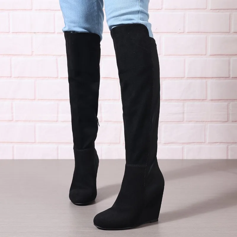 

Woman Over The Knee Boots Autumn Winter Round Head Wedge 9cm Plus Size Suede Elastic Long Boots Side Zipper High Heels Women's