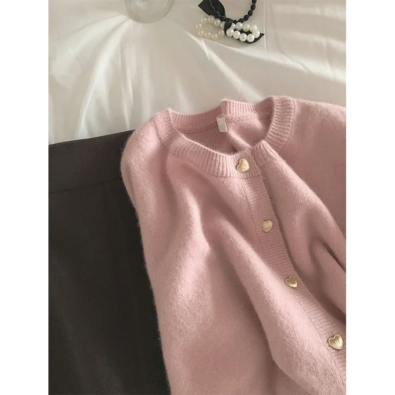 Sweet Knitted Cardigan Women Cropped Black Heart Button Sweater Coat Korean Fashion Solid Knitwears Winter Casual Jumpers Tops