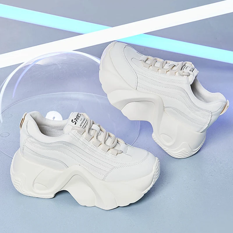 

Women's Chunky Sneakers 2023 Autumn Genuine Leather Casual Women Shoes High Heels Female Sneakers White Black Shoes For Women