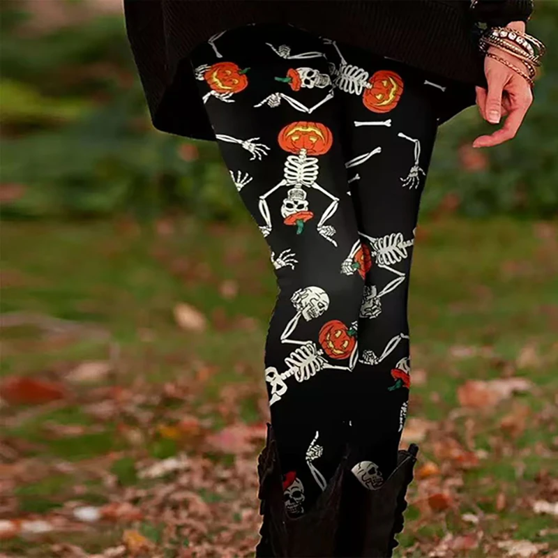 سراويل يوجا نسائية، سراويل يوجا مريحة، سراويل أساسية غير رسمية كاملة الطول عالية الخصر على الطراز العرقي، نمط اليقطين للهالوين